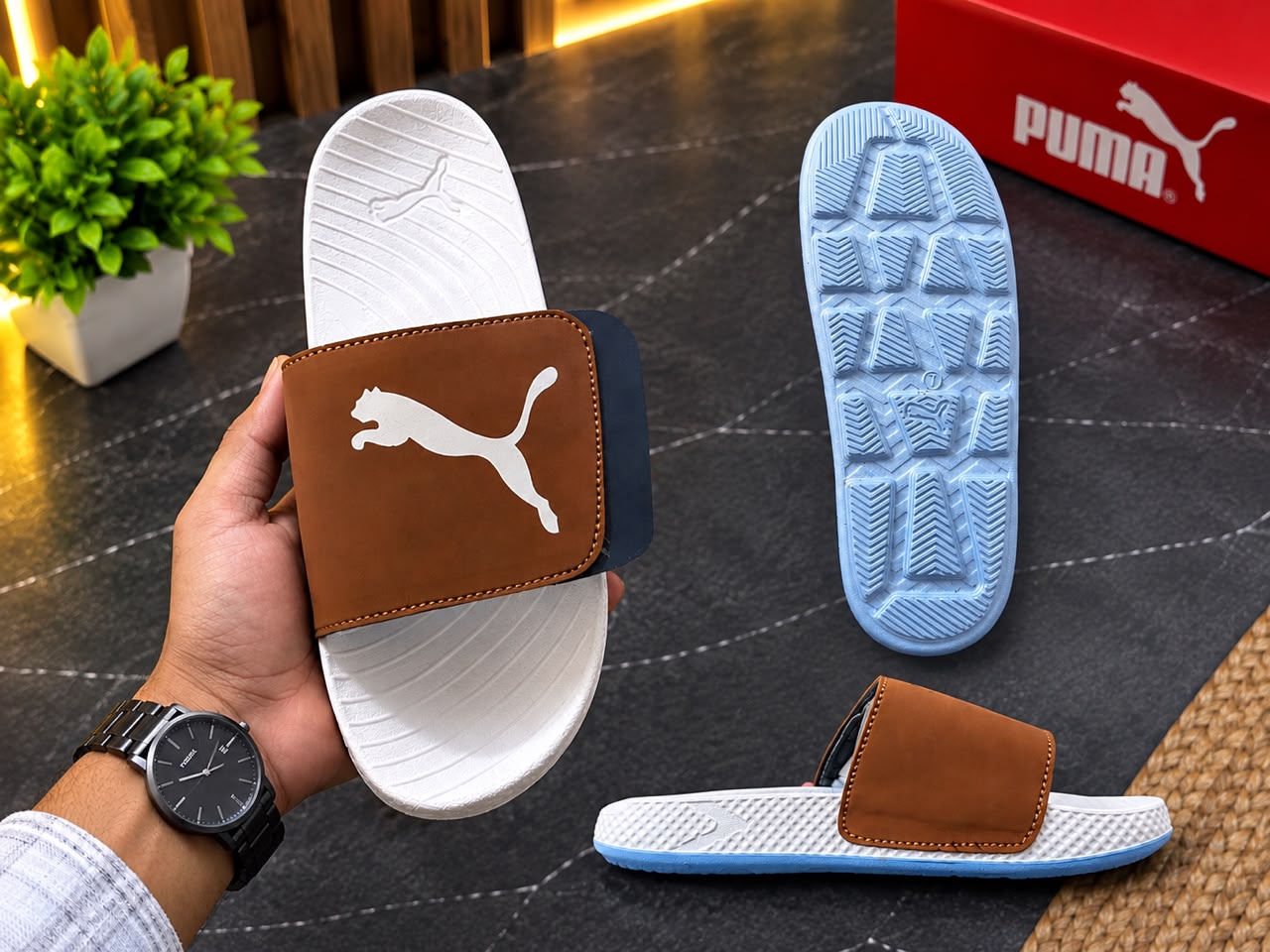 Brown & White Casual Sliders